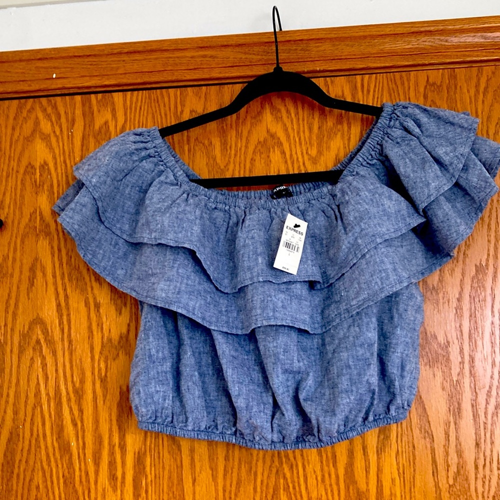 Blue Ruffled Off-Shoulder Women's Top